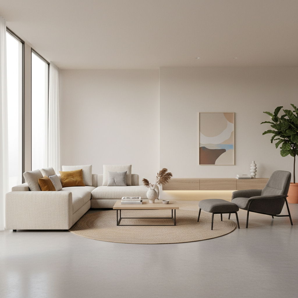 a tastefully decorated modern living room with stylish, durable furniture