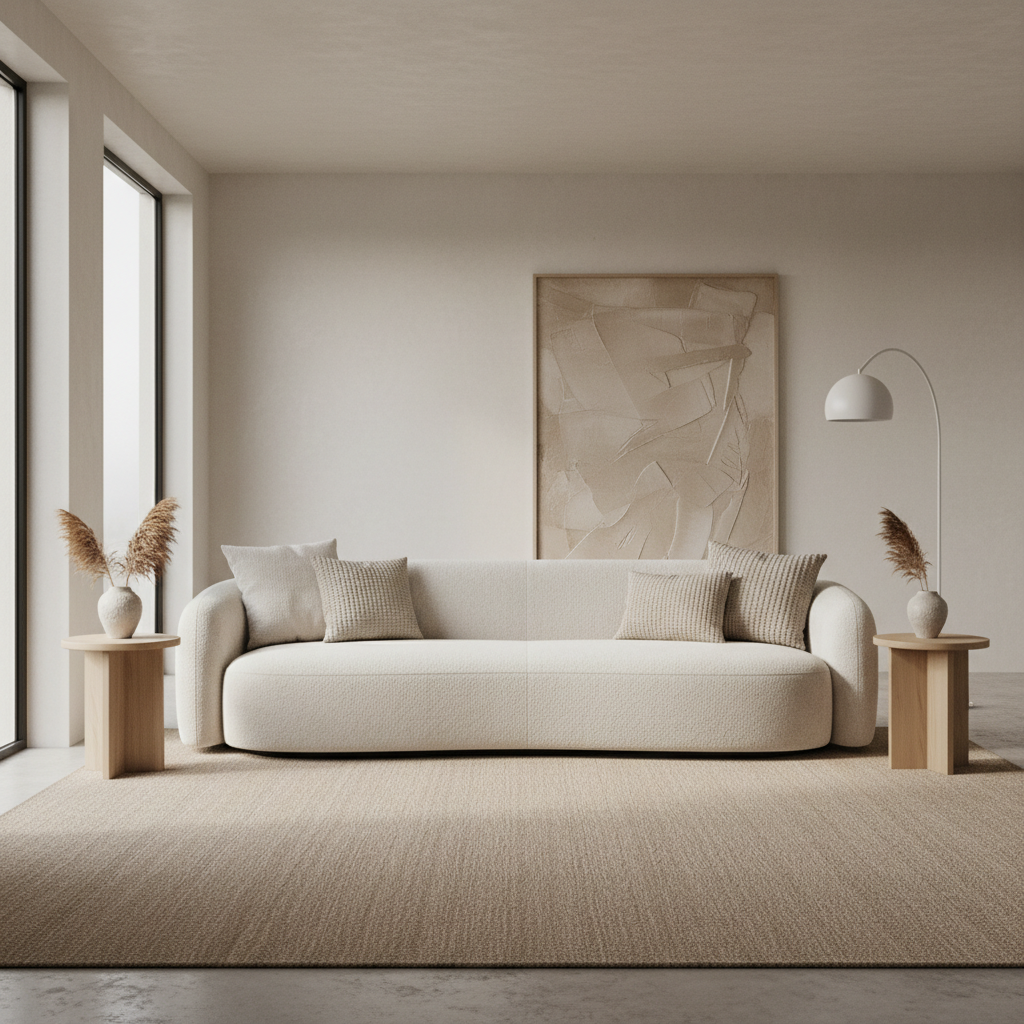 a stylish modern living room with a neutral sofa and soft natural light