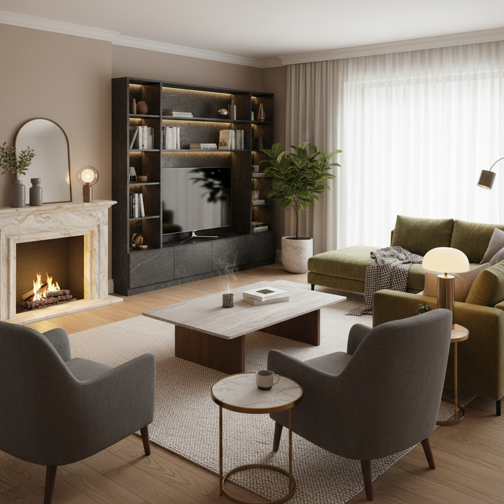 a stylish, durable sofa in a modern, minimalist living room with warm wood accents