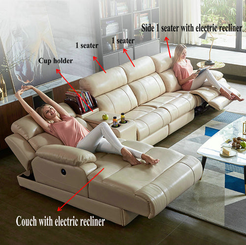 Cream leather recliner sofa with electric recline, cup holders, and side seats for living room comfort