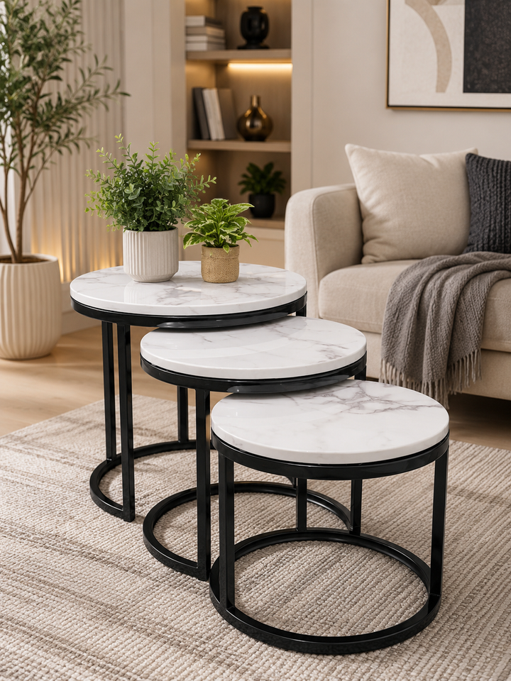 Kari 3-Piece Round Nesting Table Set – Black Frame