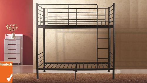 Black metal bunk bed frame with ladder, ideal for kids' rooms or small spaces in Sydney homes