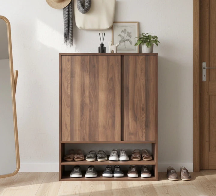 Modern wooden shoe cabinet in hallway with shelves and assorted shoes neatly organized