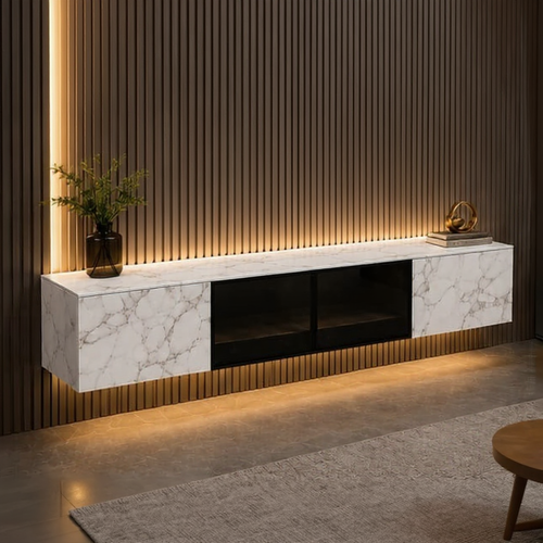 Modern marble TV unit with black glass doors, wall-mounted in a stylish living room with ambient lighting.