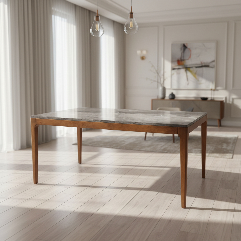 Modern dining table with marble top and wooden legs in bright Sydney home setting