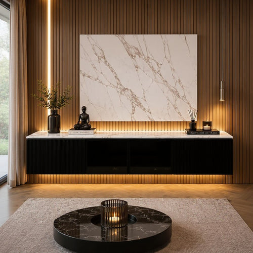 Modern black TV unit with marble top, warm lighting, and minimalist decor in a stylish living room