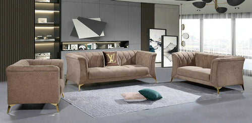 Modern beige tufted sofa set with gold legs in stylish living room, perfect for Sydney homes