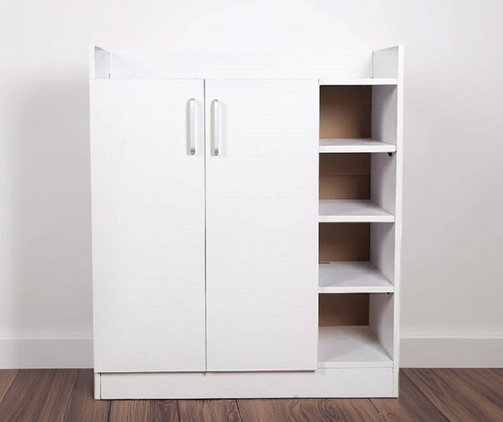Modern white storage cabinet with dual doors and open side shelves on wooden floor