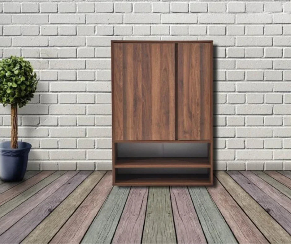 Modern wooden cabinet with shelves against white brick wall, indoor decor