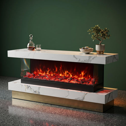 Modern electric fireplace with marble surround and glowing flames, styled with decor on green wall