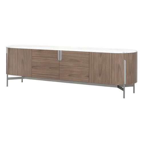 Modern wooden TV unit with white marble top, metal legs, and four cabinet doors