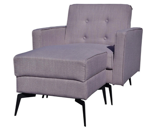 Modern grey fabric armchair with ottoman, tufted backrest, and black metal legs