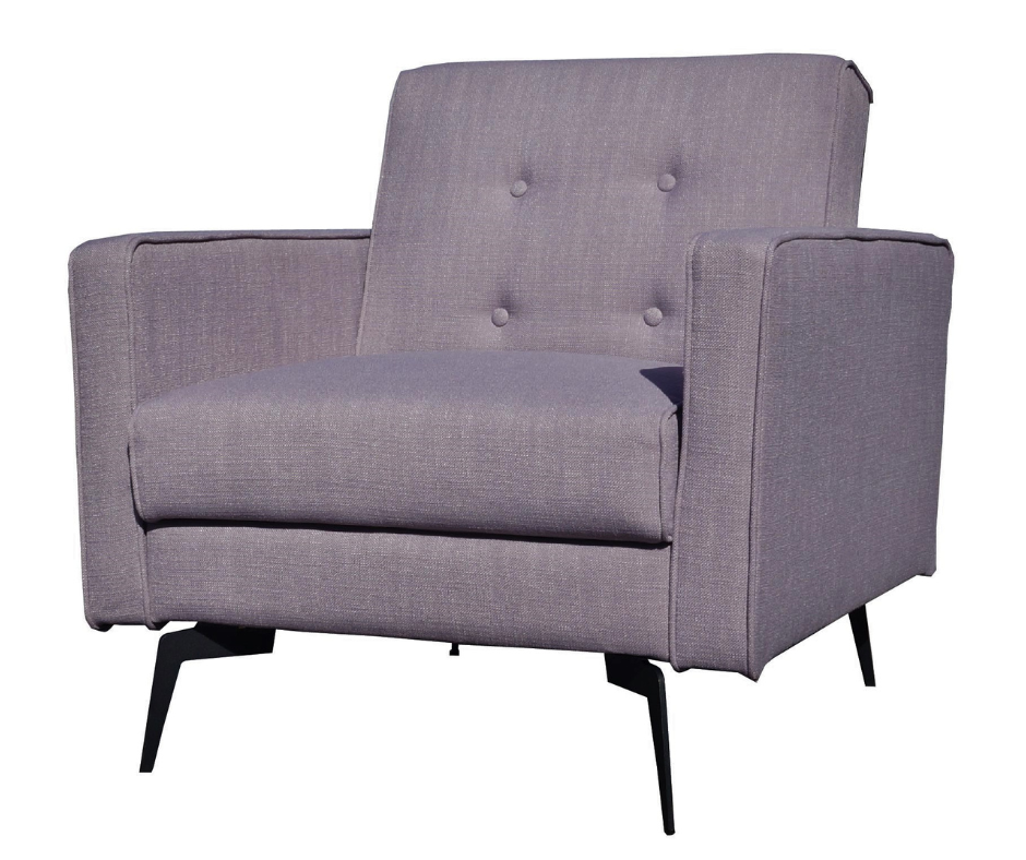 Modern grey upholstered armchair with tufted backrest and black metal legs