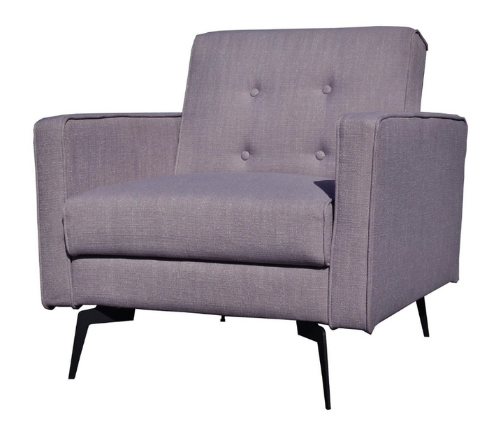 Modern grey upholstered armchair with tufted backrest and black metal legs