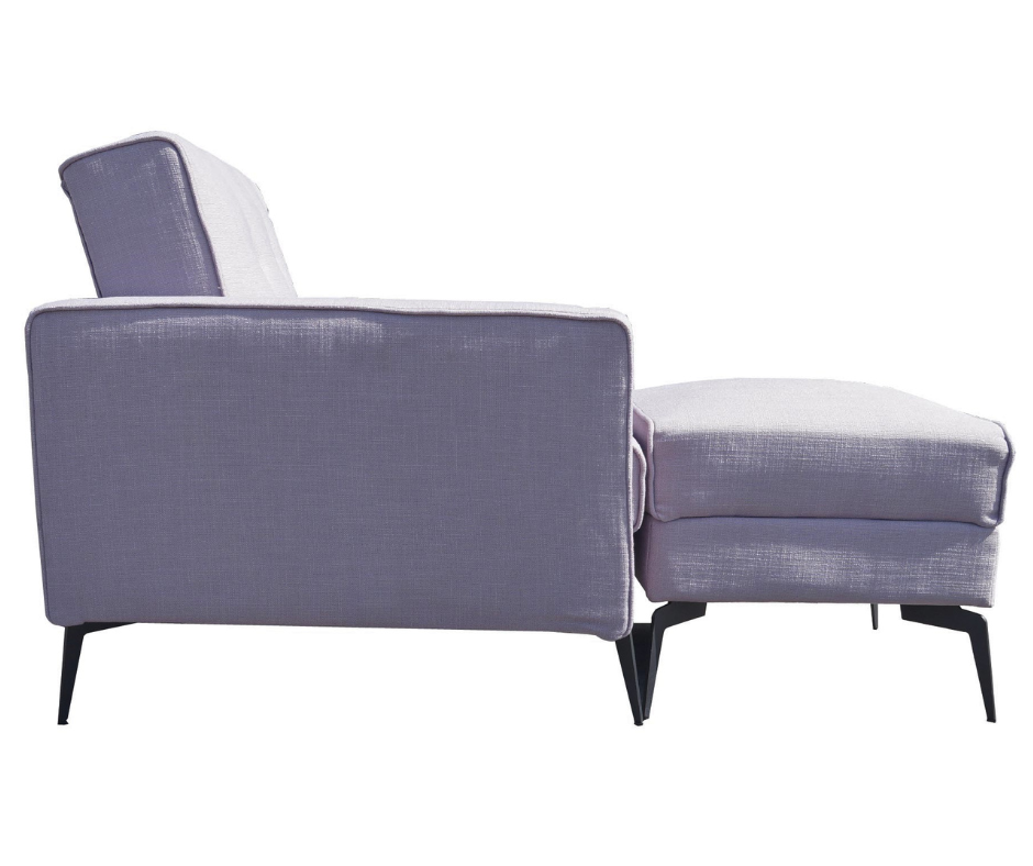 Modern lavender accent chair with matching ottoman and black metal legs