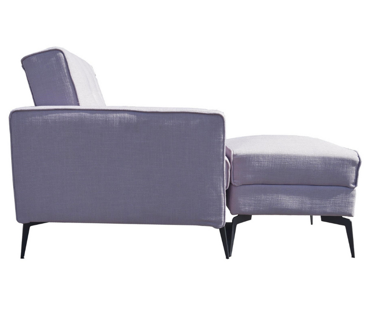 Modern lavender accent chair with matching ottoman and black metal legs