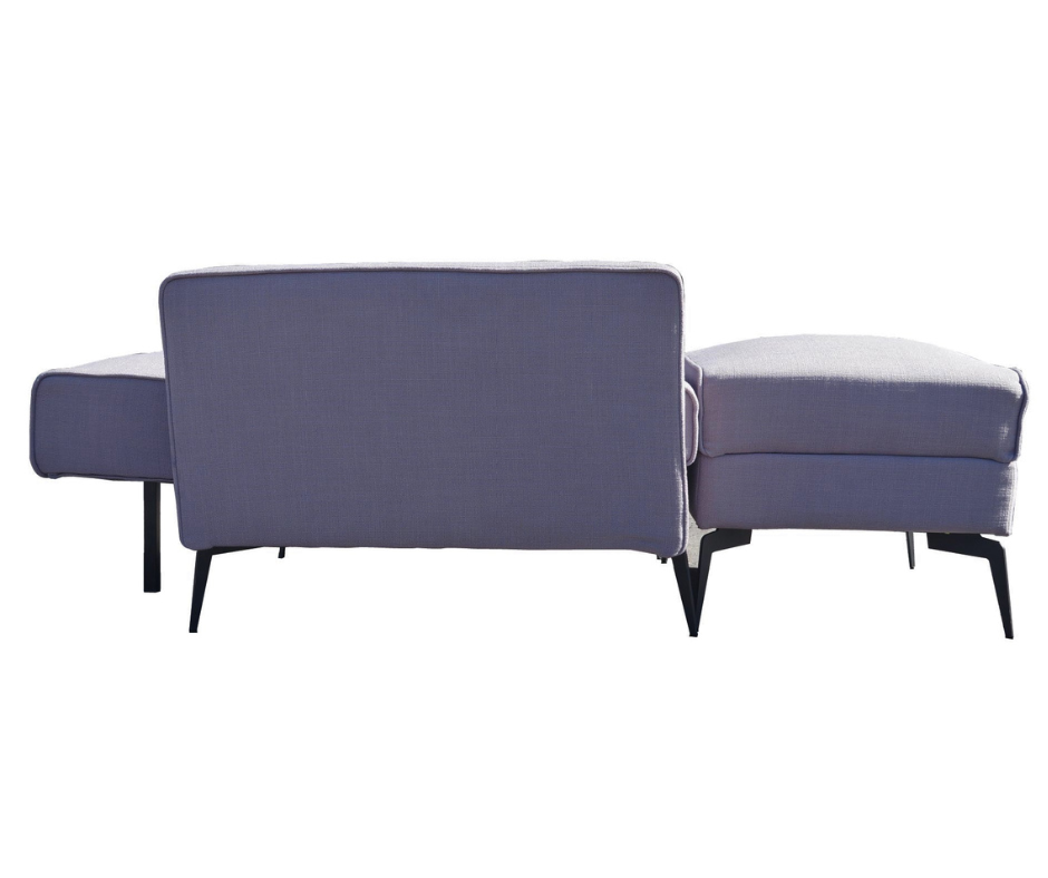 Modern grey sectional sofa with metal legs, rear view, home living room furniture