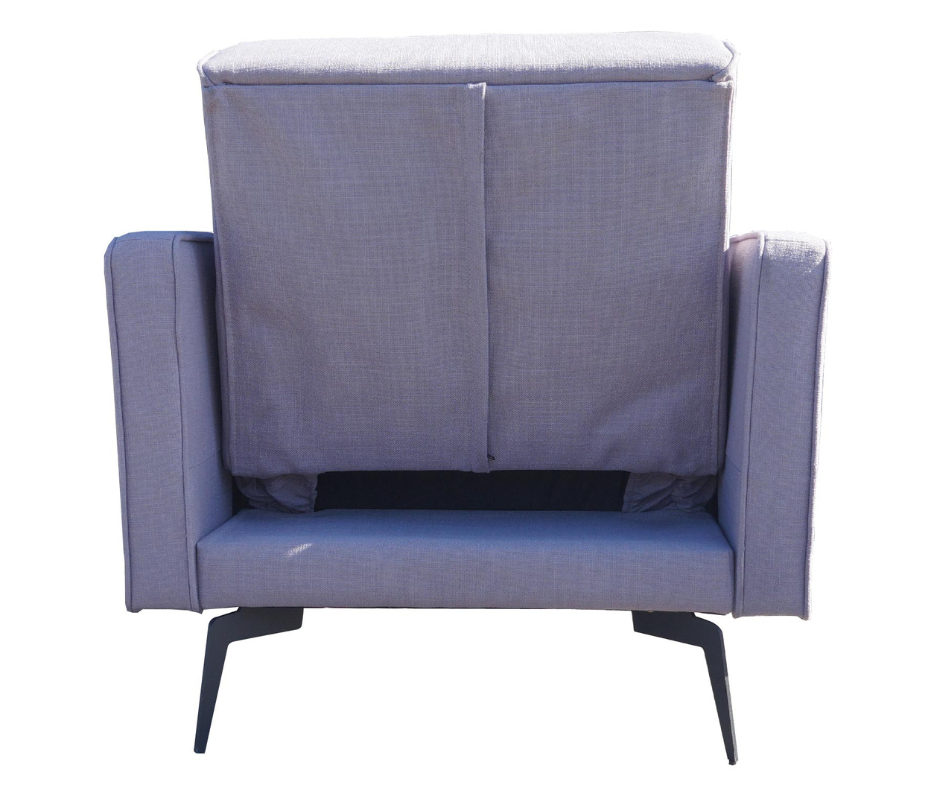 Modern grey fabric armchair with black metal legs, rear view, contemporary home furniture