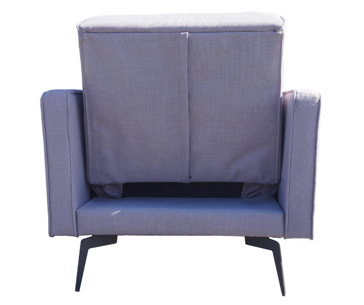 Modern grey fabric armchair with black metal legs, rear view, contemporary home furniture