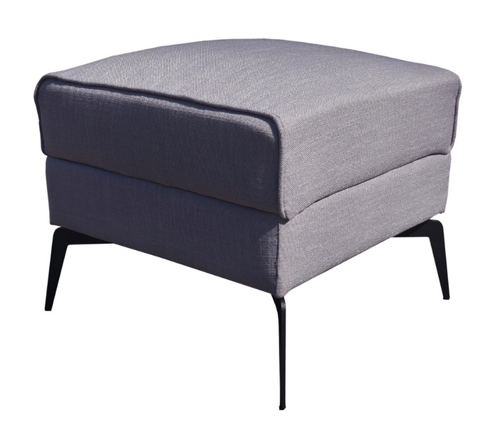 Modern grey fabric ottoman with black metal legs, minimalist home furniture accent