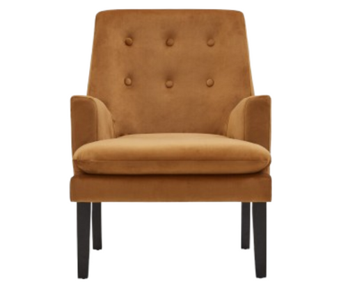 Modern brown velvet accent chair with button-tufted back and black wooden legs