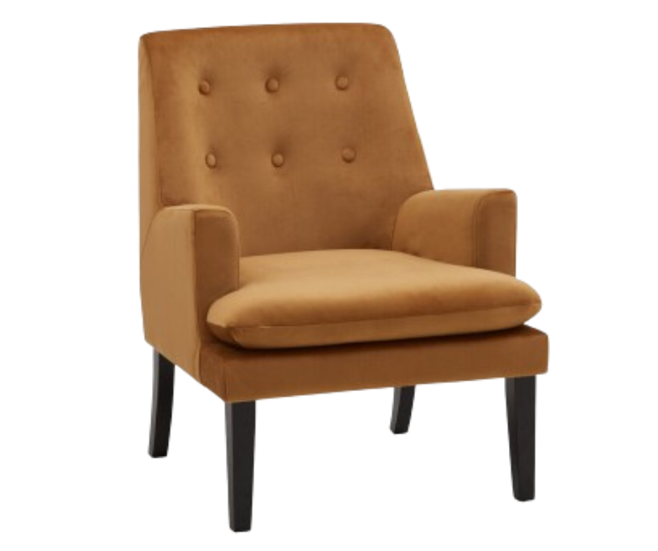 Modern tan accent armchair with button-tufted back and wooden legs, home furniture
