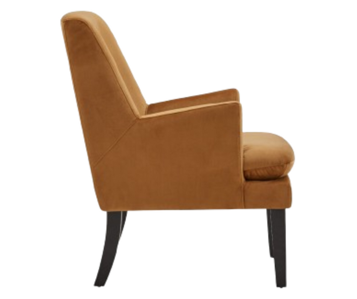 Modern brown upholstered accent chair with angled back and dark wooden legs, side view