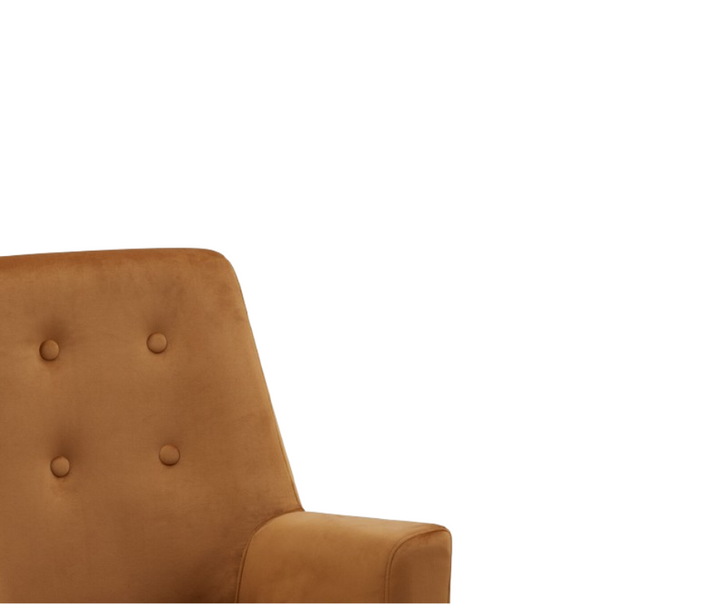Modern brown upholstered armchair with button tufting detail on backrest