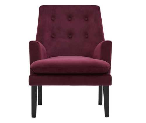 Modern burgundy velvet accent chair with button-tufted back and black wooden legs