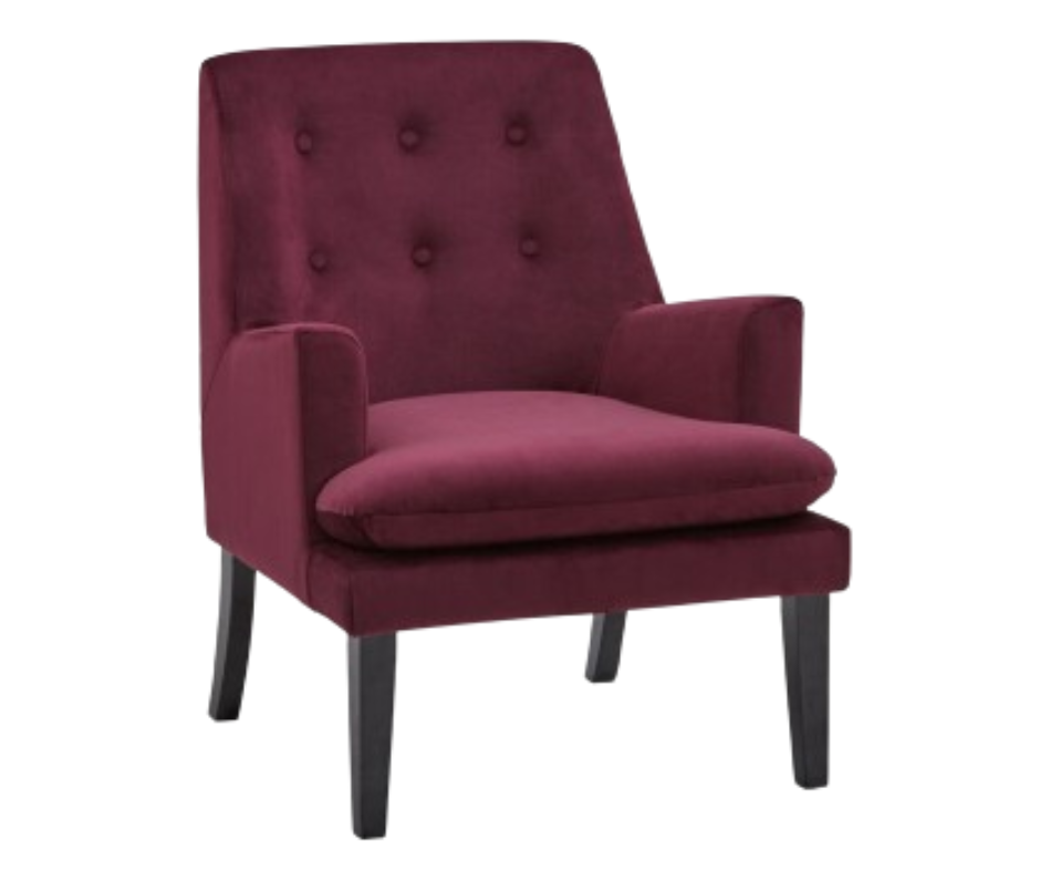 Modern burgundy accent chair with button-tufted back, upholstered seat, and dark wood legs