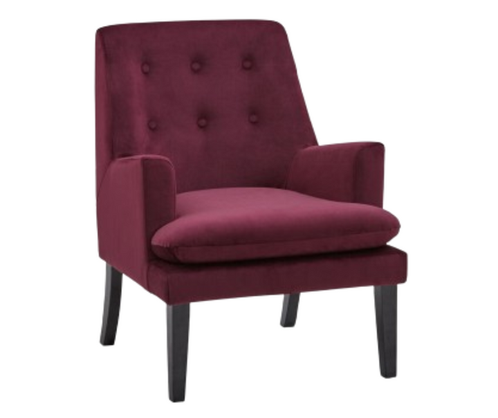 Modern burgundy accent chair with button-tufted back, upholstered seat, and dark wood legs