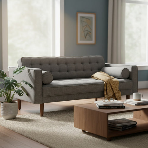 Gray tufted sofa with wooden legs in modern living room, styled with throw blanket and coffee table