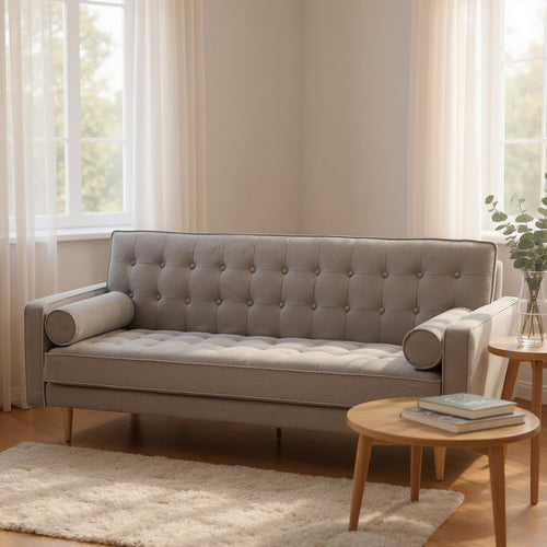 Modern tufted grey sofa with rolled arms, wooden legs, styled in bright living room with side tables
