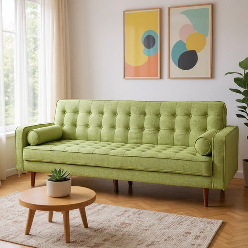 Green tufted sofa with wooden legs in modern living room, ideal for Sydney furniture shoppers