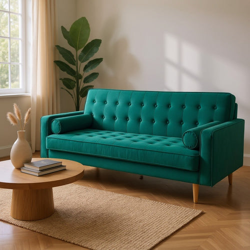 Emerald green tufted sofa with wooden legs in modern living room, perfect for Sydney homes