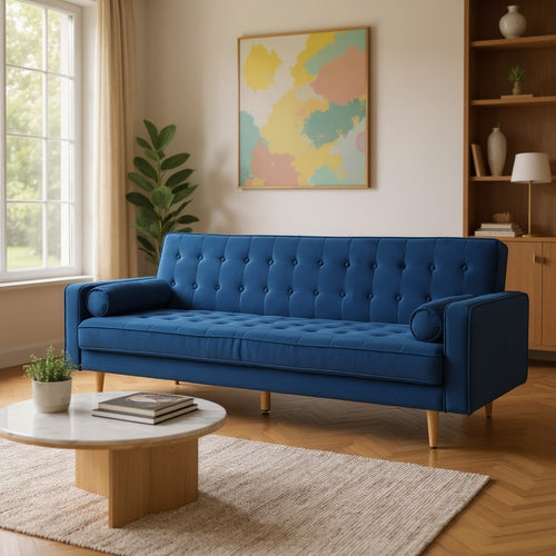 Blue tufted sofa with wooden legs in modern living room, perfect for Sydney homes