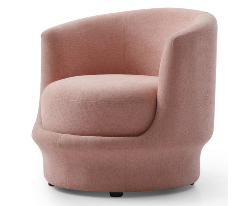 Modern pink fabric accent chair with curved back and swivel base