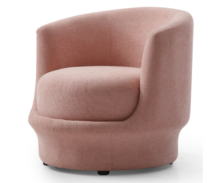 Modern pink fabric accent chair with curved back and swivel base