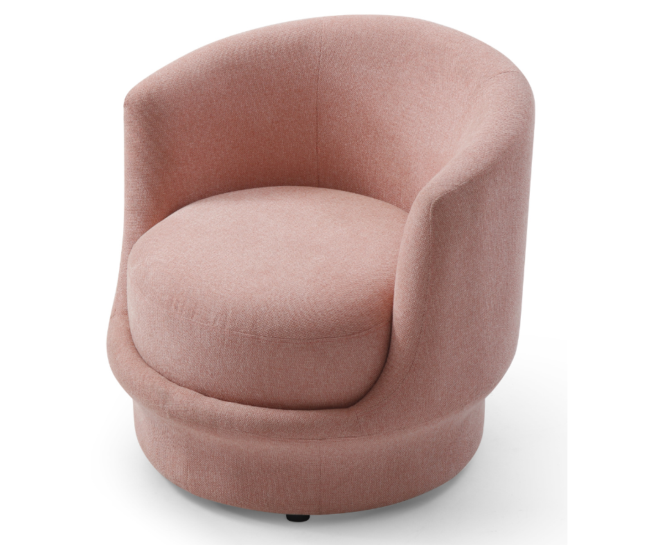 Modern pink swivel accent chair with round backrest and upholstered seat
