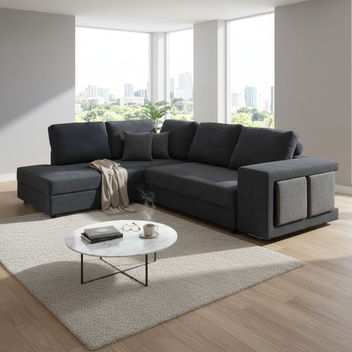 Modern dark gray sectional sofa with chaise, perfect for Sydney living rooms, paired with marble coffee table