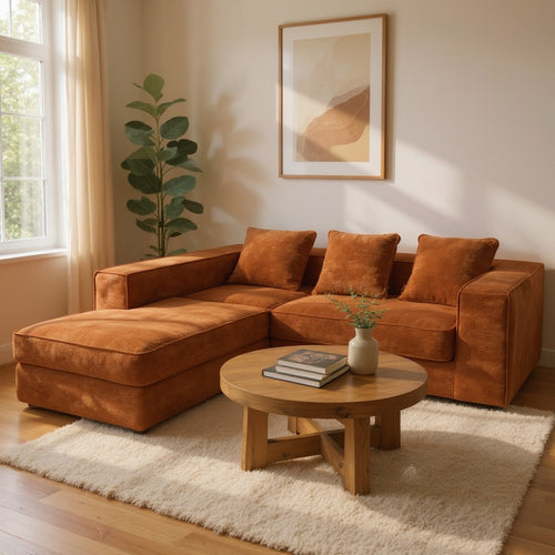 Orange velvet sectional sofa with chaise, wooden coffee table, and cozy living room decor