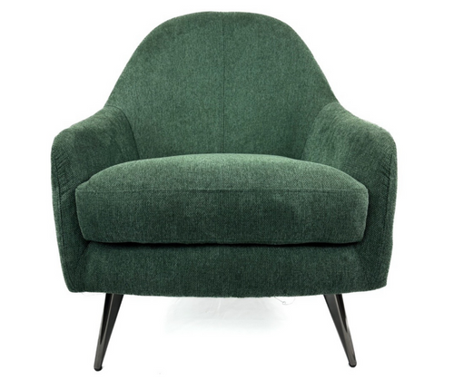 Modern green fabric armchair with angled black legs, upholstered lounge chair.