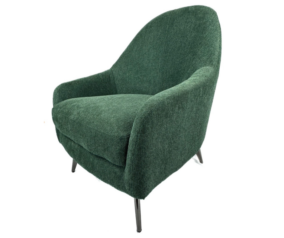 Modern green fabric armchair with curved back and black metal legs