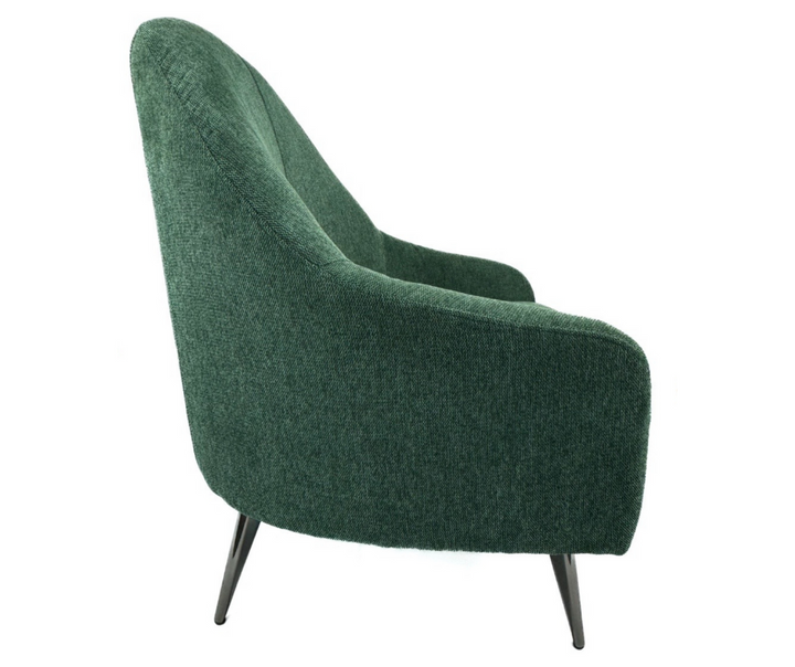Modern green upholstered accent chair with curved back and metal legs, side view