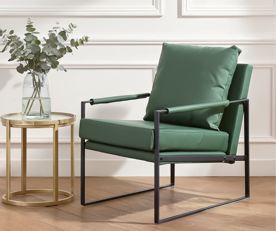 Modern green accent chair with metal frame beside gold side table and vase in stylish living room