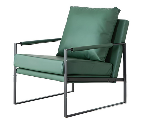 Modern green accent chair with metal frame and plush cushions, contemporary living room furniture