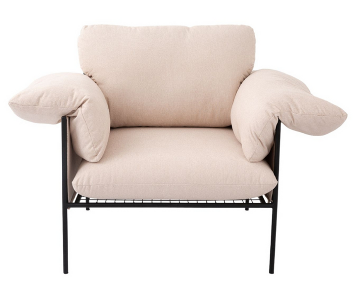 Modern beige upholstered armchair with metal frame and plush cushions