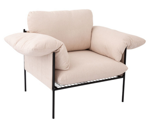 Modern beige accent armchair with plush cushions and black metal frame, home furniture