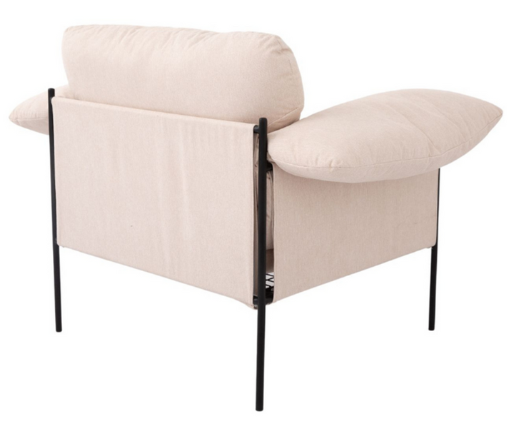 Modern beige accent chair with plush cushions and black metal frame, rear angle view