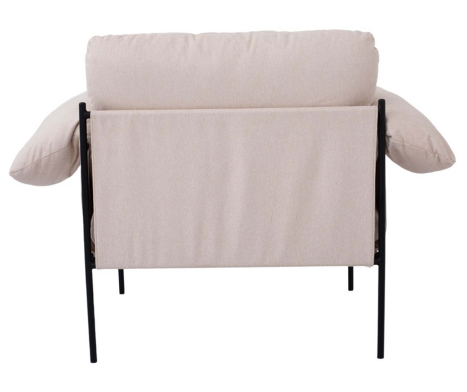 Modern beige upholstered armchair with black metal frame, rear view